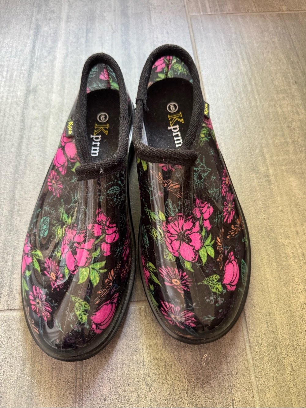 Black Floral Waterproof Clogs with Pink & Green Bloom Print